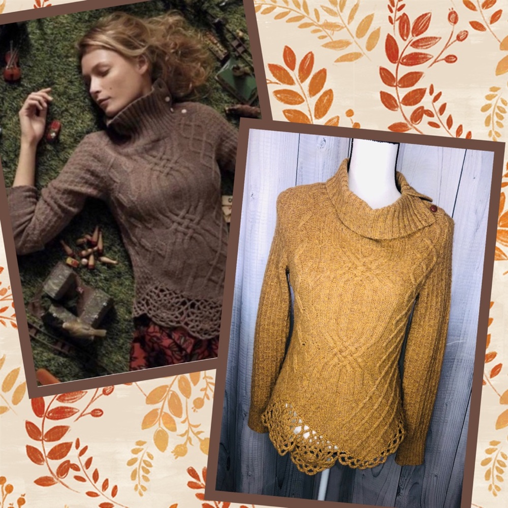 ANTHROPOLOGIE Moth Wool Split Neck Sweater Crochet, S